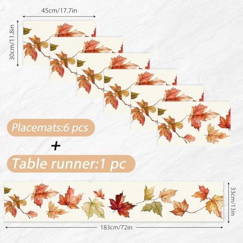ANNA QUEEN Watercolor Maple Leaves Table Runner and Placemats Set of 6, 13"x72" Table Runner with 12"x18" Placemats, Autumn Leaf Dining Table Set for Thanksgiving, Fall Home Decor - Image 3