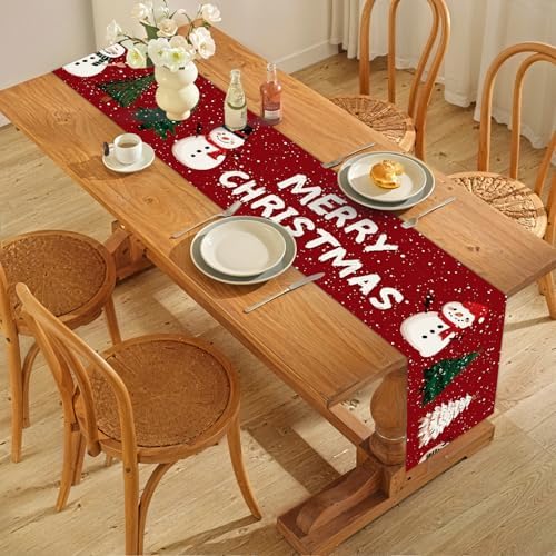 ANNA QUEEN Christmas Table Runner and Placemats Set of 6, 13"x72" Table Runner with 12"x18" Placemats, Holiday Dining Decor with Snowman & Tree Pattern in Red - Image 5
