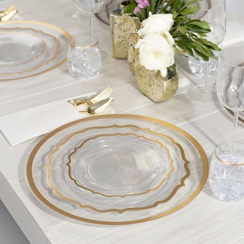 PLASTICPRO 32 Pack Elegant Disposable Plastic Plates Combo Set Includes 16 Dinner Plates and 16 Salad Plates Heavy Duty Fancy Party Plates Clear & Gold Contemporary Design - Image 2