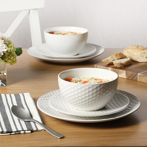 Gibson Elite Oyster Tide Embossed 12 Piece (Service for 4) Plates and Bowls Reactive Glaze Round Dishes Stoneware Ceramic Dinnerware Set, White - Image 5