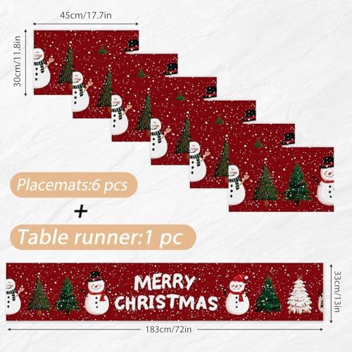 ANNA QUEEN Christmas Table Runner and Placemats Set of 6, 13"x72" Table Runner with 12"x18" Placemats, Holiday Dining Decor with Snowman & Tree Pattern in Red - Image 2