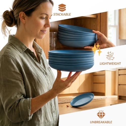 Homienly Salad Plates Wheat Straw Plates Set 6 PCS Unbreakable Kitchen Plates for Cake,Pizza Microwave & Dishwasher Safe Deep Plates 9 Inch Reusable Plastic Plates for Picnic,Party,RV (Blue) - Image 5