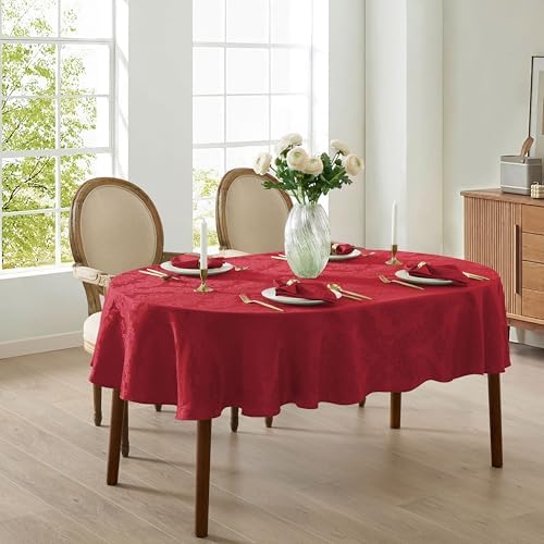 Newbridge Barcelona Damask Fabric Tablecloth, 60 x 84 Inch Oval, Red – No Iron, Soil Resistant Table Cover for Dining, Parties and Holidays - Image 2