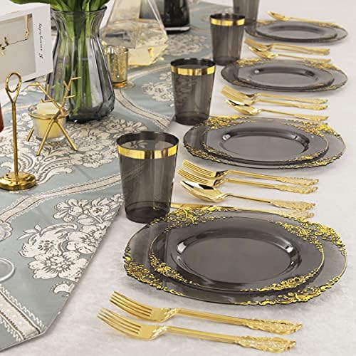Nervure 175Pcs Black Plastic Plates, Plastic Dinnerware Set for 25 Guests - Image 6