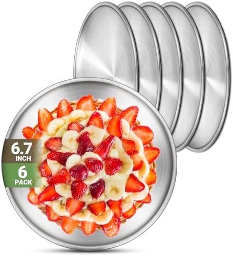 Stainless Steel Plates, 6 Set 6.7 inch 304(18/8) Metal Food Serving Plate, Reusable Snack Eating Dishes Round Shatterproof Plate Silver Dinnerware for BBQ Dinner Oven Dishwasher Safe by Offiper