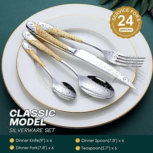 Hammered Silver Gold Silverware Set, OGORI 24-Piece 18/10 Stainless Steel Flatware Set, Service of 6 - Image 2