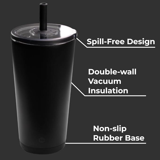 HydroJug Everyday Tumbler 20 oz – Ceramic-Lined Insulated Tumbler with Straw and Soft-Touch Lid, Cup Holder Friendly, Double-Wall Vacuum Insulation, Reusable Travel Cup – Black