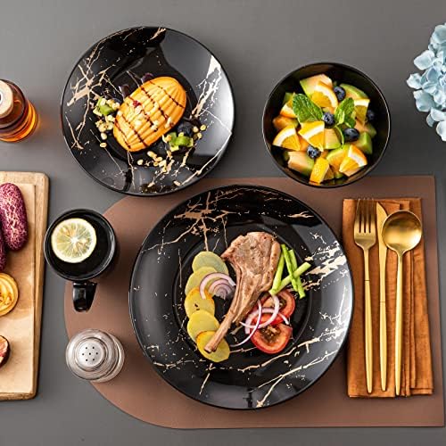 LOVECASA Black Plates and Bowls Sets for 4, Porcelain Dinnerware Sets 16 Piece Gold Splash Glaze Ceramic Dish Set, Round Dinner Set with Mugs, Dishwasher Microwave Safe - Image 6