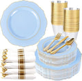 Liacere 175PCS Bule Plastic Plates - Disposable Ligh Bule and Gold Plates - Baroque Plastic Dinnerware 50Plates, 25Pack Pre Rolled Napkins with Silverware 25Cups for Baby Shower Party & Wedding by Liacere