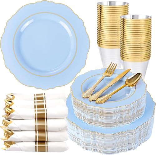 Liacere 175PCS Bule Plastic Plates - Disposable Ligh Bule and Gold Plates - Baroque Plastic Dinnerware 50Plates, 25Pack Pre Rolled Napkins with Silverware 25Cups for Baby Shower Party & Wedding by Liacere