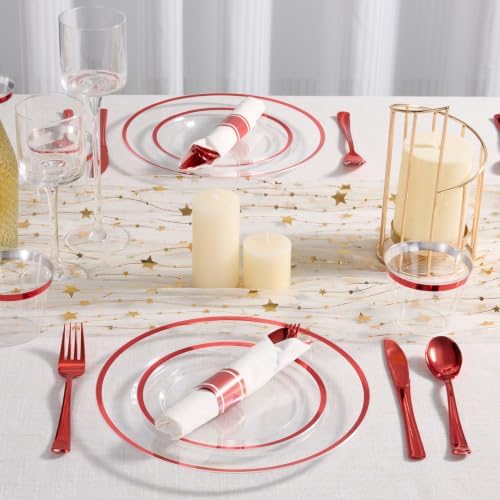 realluck 350 PCS Clear Red Plastic Dinnerware Set for 50 Guests, 100 Disposable Plates for Party, 50 Pre Rolled Napkins with Red Silverware, 50 Cups for Graduation - Image 6