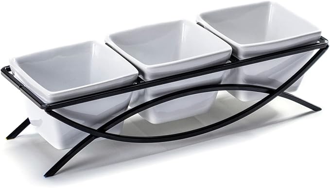 UNICASA Square Ramekin Bowls 10 oz, Condiment Serving Tray with Metal Rack Stand - Chips and Dips Snack Tray for Party - White Side Dish for Appetizer, Fruit, Nuts, Ice Cream, Candy