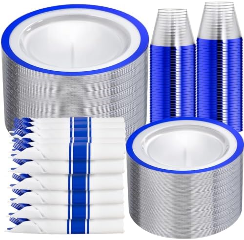 I00000 350Pcs Dark Blue Plastic Dinnerware Set,Clear Plates for 50 Guests by I00000