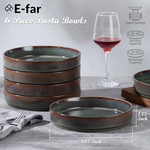 E-far Pasta Bowls Set of 6, 35oz Large Salad Bowl Plate for Dinner Serving, Wide & Shallow Ceramic Stoneware Pasta Plates, Microwave & Dishwasher Safe, Reactive Glaze Textured Stripes, Blackish Green - Image 2