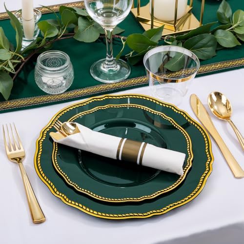 Hioasis 350 Pcs Green Gold Plastic Plates Wedding & Party - Image 6