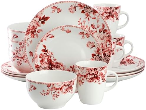 Elama Traditional Rose 16 Piece Porcelain Dinnerwar/Tableware Set, Service for 4 (Red) by Elama