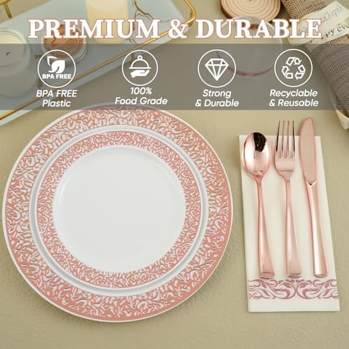 FOCUSLINE 175 Pieces Rose Gold Disposable Dinnerware Set for 25 Guests - Image 3