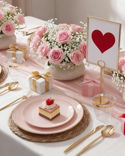 bUCLA 150PCS Pink Plastic Plates - Pink and Gold Disposable Include 25 Each (Dinner & Dessert) Plates, 25 Knives, 25 Forks, 25 Spoons and 25 Cups, Ideal for Party & Wedding - Image 4