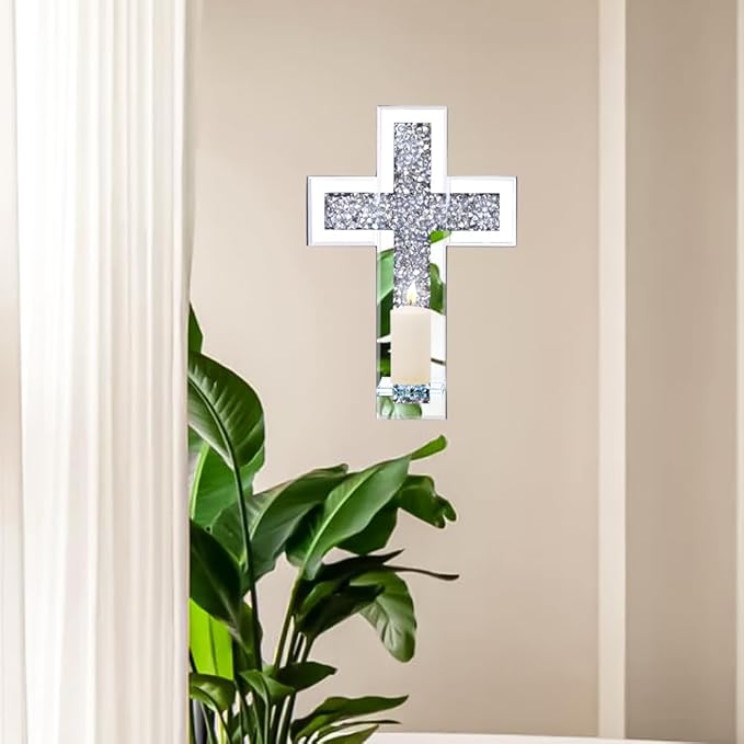 Pibeyer Crystal Crush Diamond Candle Holder Set of 2, Rectangle Silver Mirrored Candle Sconces, Wall Decorations for Living Room, Dining Room (Cross)