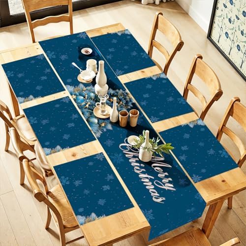 ANNA QUEEN Snowman Christmas Table Runner and Placemats Set of 6, 13"x72" Table Runner with 12"x18" Placemats, Winter Holiday Dining Decor by ANNAQUEEN