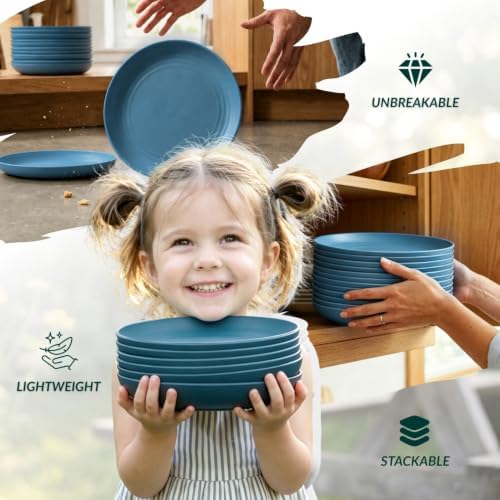Homienly Large Dinner Plates 12 PCS Wheat Straw Plates for Bread & Butter 10 Inch Unbreakable Camping Plates for Salad, Steak, Microwave & Dishwasher Safe Serving Plates for Kitchen, Picnic, RV (Blue) - Image 6