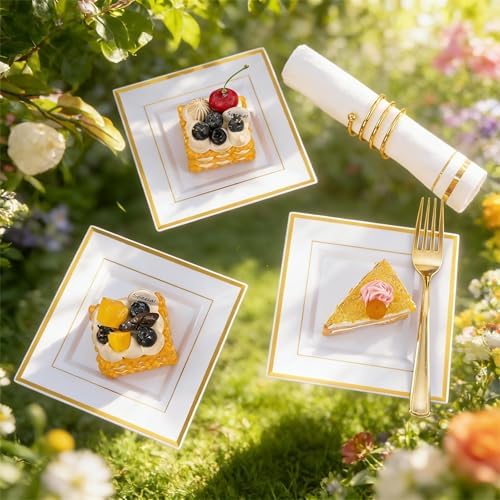 Festiva 350Pcs Gold Plastic Plates - Disposable Square Gold Plates Dinnerware set include 9.5"/6" Plates,Cups,Plastic Cutlery,Hand Napkins Perfect for 50 guests Party&Birthday&Wedding - Image 4