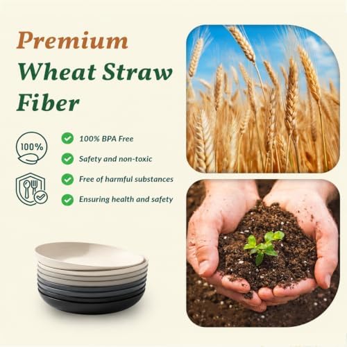 Homienly Wheat Straw Plates Set of 8, Reusable Lightweight and Unbreakable 9 inch Plates, Premium Microwave and Dishwasher Safe Plates for Kitchen, Camping, Picnic, Party - GreyStone - Image 3