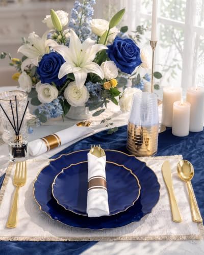 bUCLA 175PCS Navy Blue Plastic Plates - 25 Guests Gold Rim for Party - Image 3