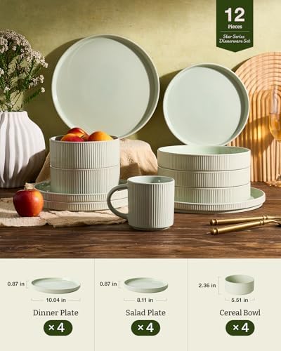 Famiware Ceramic Plates and Bowls Set, Dinnerware Sets, Ribbed Dishes for 4 - Image 6