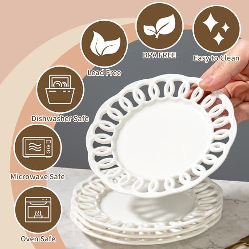 White Small Dessert Plates Set of 4,Ceramic Dinner Plates 6 Inch for Appetizer, Fruits, Cake, Salad,Microwave Safe,Christmas Gift,Hollow-out Style - Image 3