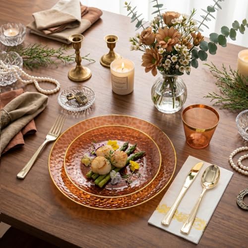 Rubtlamp 175 Pcs Plastic Dinnerware Set (25 Guests), Amber And Gold Plastic Plates, Hammered Party Plates Set Include Dinner Plates, Dessert Plates, Cups, Cutlery Set And Napkins for Wedding And Party - Image 3