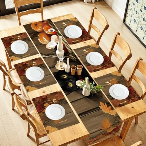 ANNA QUEEN Black Cat Table Runner and Placemats Set of 6, 13"x72" Table Runner with 12"x18" Placemats, Fall Pumpkin and Cat Dining Table Set for Halloween Kitchen Decor by ANNAQUEEN