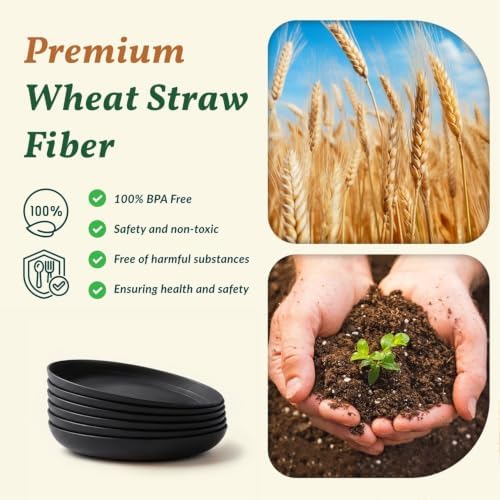 Homienly Wheat Straw Deep Plates 10 Inch Large Dinner Plates Set of 6 Unbreakable & Lightweight Plastic Plates for Salad,Pizza Microwave & Dishwasher Safe Plates Set for Serving,Camping,Dorm (Black) - Image 3