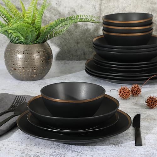 Gibson Elite Kings Road Double Plates and Bowl Organic Round Porcelain Dinnerware Set - Matte Black w/Gold Rim - Image 3