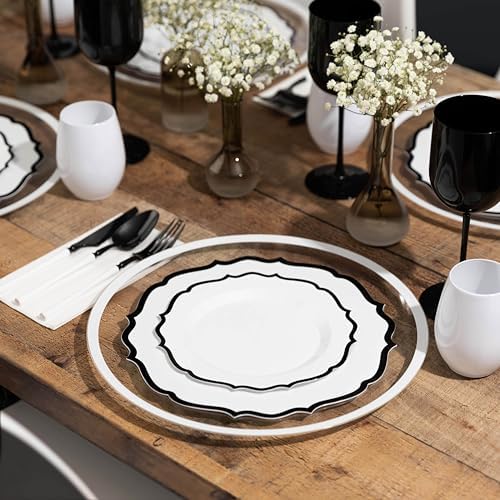 PLASTICPRO 128 Pack Elegant Disposable Plastic Plates Combo Set Bulk Pack Includes 64 Dinner Plates and 64 Salad Plates Heavy Duty Fancy Party Plates White with Black Contemporary Design - Image 4