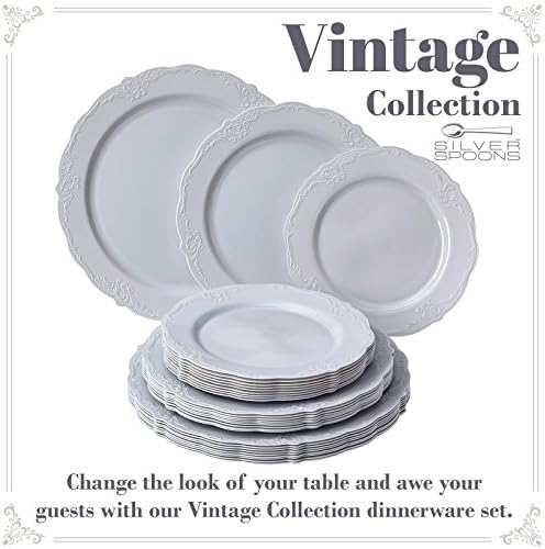 HEAVY DUTY PLASTIC PLATES SET | 10 Dinner Plates | 10 Salad Plates | 10 Dessert Plates | Elegant Plastic Dinnerware | Fine China Look | Upscale Wedding Dining (Vintage Collection - Grey) - Image 2