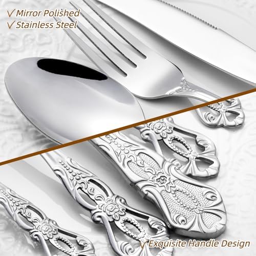 Cididu 40 Pieces Retro Royal Silverware Set for 8, Stainless Steel Flatware Set, Dishwasher Safe Dinnerware Set Including Forks Spoons and Knives, Vintage Cutlery Set for Wedding, Party and Christmas - Image 4