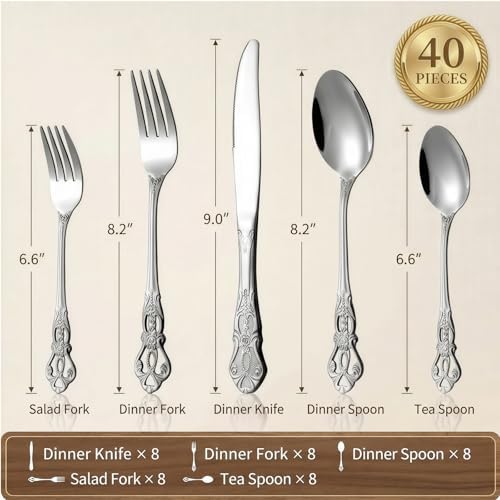 Cididu 40 Pieces Retro Royal Silverware Set for 8, Stainless Steel Flatware Set, Dishwasher Safe Dinnerware Set Including Forks Spoons and Knives, Vintage Cutlery Set for Wedding, Party and Christmas - Image 2
