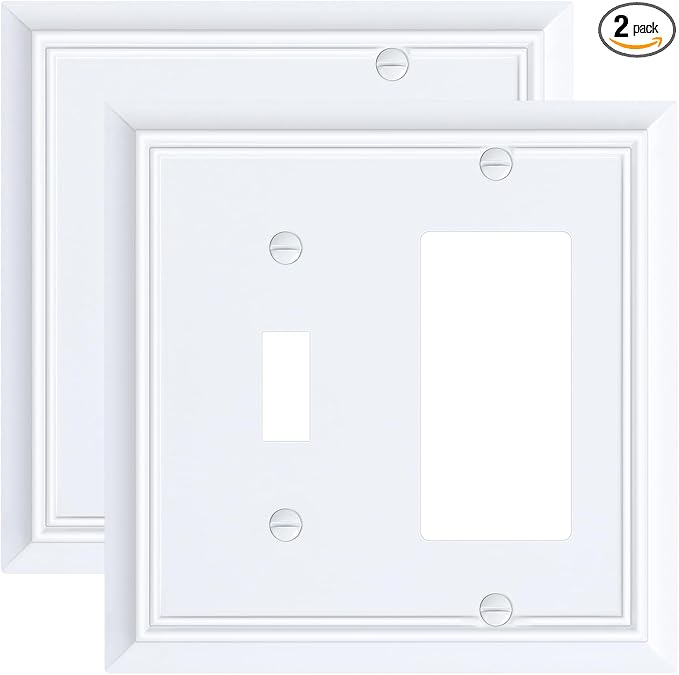 2-Pack Combo Toggle/Decorator Light Switch Cover Plate, Pure White Decorative Electrical Outlet Covers, Durable Natural Bamboo Fiber Switch Plates and Outlet Covers, Corrosion Resistant
