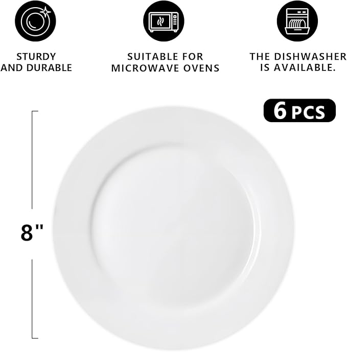 Dessert Plates Set of 6, White Appetizer Plates, 8 Inch Ceramic Dinner Plates for Salad, Bread, Cake, Fruit, Microwave and Dishwasher Safe (8 inch, 6 pack)