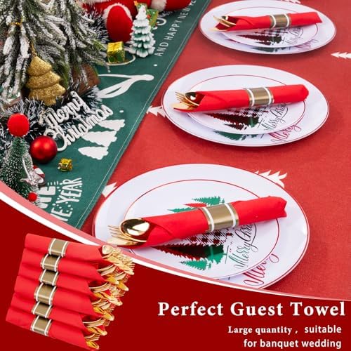 Supernal 30 Pack Pre Rolled Gold Plastic Silverware with Red Napkins - Image 4