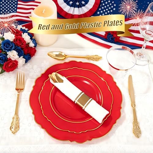 Liacere 175PCS Red Plastic Plates - Red Disposable Plates With Gold Rim -25Guest Baroque Plastic Dinnerware include 50Plates-25Pack Pre Rolled Napkins with Silverware 25Cups for Independence Day - Image 5