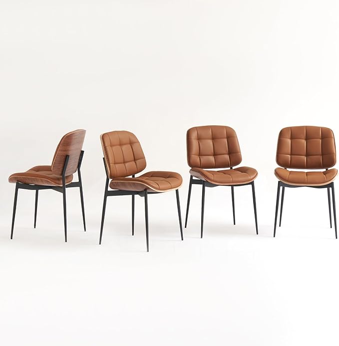 Mid Century Modern Dining Chairs with Walnut Grain Back, Brown Faux Leather Dining Room Chairs Set of 2, Checkered Soft Cushion Kitchen Chairs with Adjustable Foot Pads
