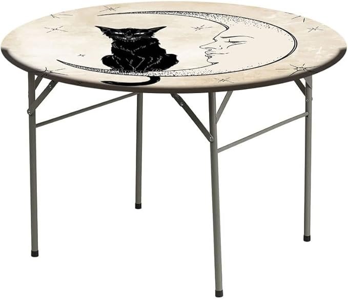 Round Tablecloth, Moon Tablecloth for Side Table, Black Cat Sitting on White Crescent Moon, Fit Round Tables 61inch Diameter, for Restaurant Picnic Indoor and Outdoor Use, Sand Brown Black