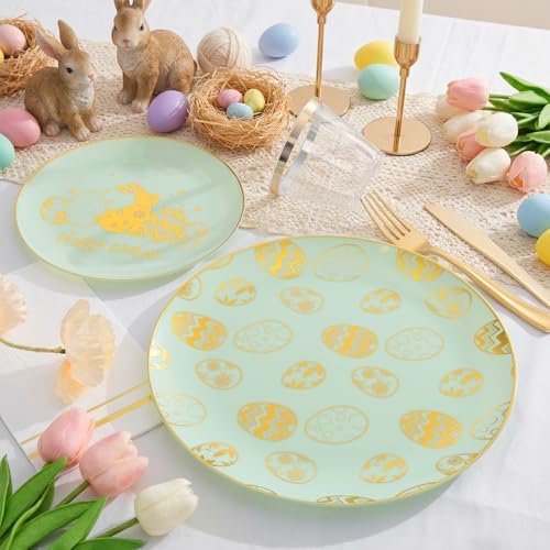 Festiva 175Pcs Easter Plates and Napkins Disposable - Green and Gold Plastic Dinnerware Set for 50 guests include 50 Plates 25Cups 25Plastic Silverware 25Napkins Perfect for Easter Party - Image 5