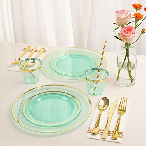 400PCS Mint Green Plastic Plates for 50 Guests, Disposable Plates Heavy Duty,100 Fancy Plates, 150 Gold Silverware, 50 Cups, 50 Napkins, 50 Straws Wedding, St. Patrick's Day, Easter - Image 5
