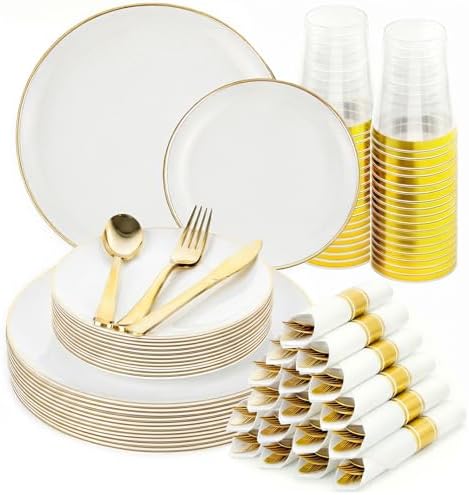White Gold Dinnerware Set Disposable Plates for 175PCS 25 Guests by cheerserve
