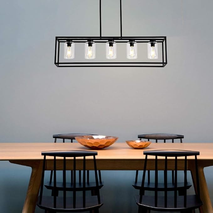 XILICON Dining Room Lighting Fixture Hanging Farmhouse Black 5 Light Modern Pendant Lighting Contemporary Chandeliers with Glass Shade for Living Dining Room Bedroom Kitchen Island