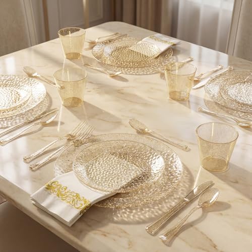 Rubtlamp 175 Pcs Gold Glitter Plastic Plates, Hammered Disposable Plates Set (25 Guests), Glitter Dinnerware Set Include 50 Plastic Plates, 75 Glitter Silverware, 25 Cups And 25 Napkins for Party - Image 4