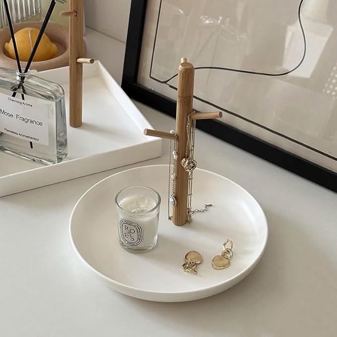 Shinpuru Key Tray & Key Bowl, Jewelry Tray with Wood 3-Tier Hanging Organizer - Multi-Functional Entryway Tray, Perfect for Key Bowl, Ring Holder, Jewelry Dish Organize (White Round)
